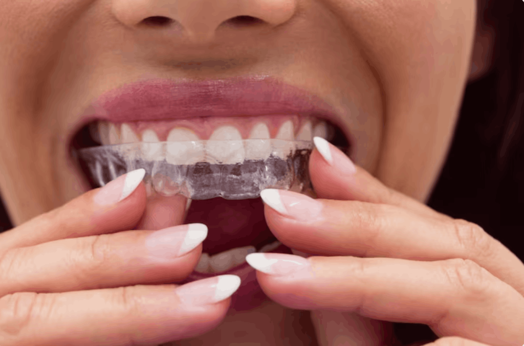 woman putting on invisalign braces