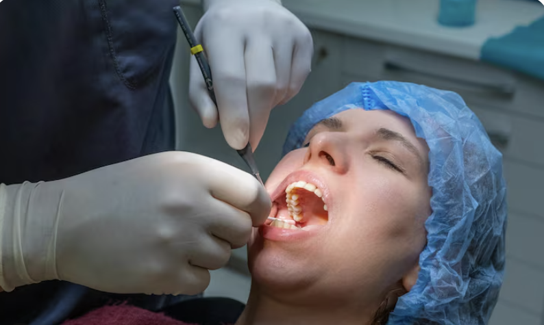 patient getting her teeth checked