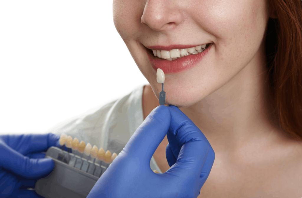 woman trying on different tooth crowns
